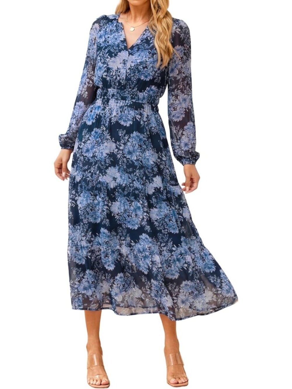 Floral Boho Long Sleeve Maxi Dress - V Neck Empire Waist Swing for Weddings